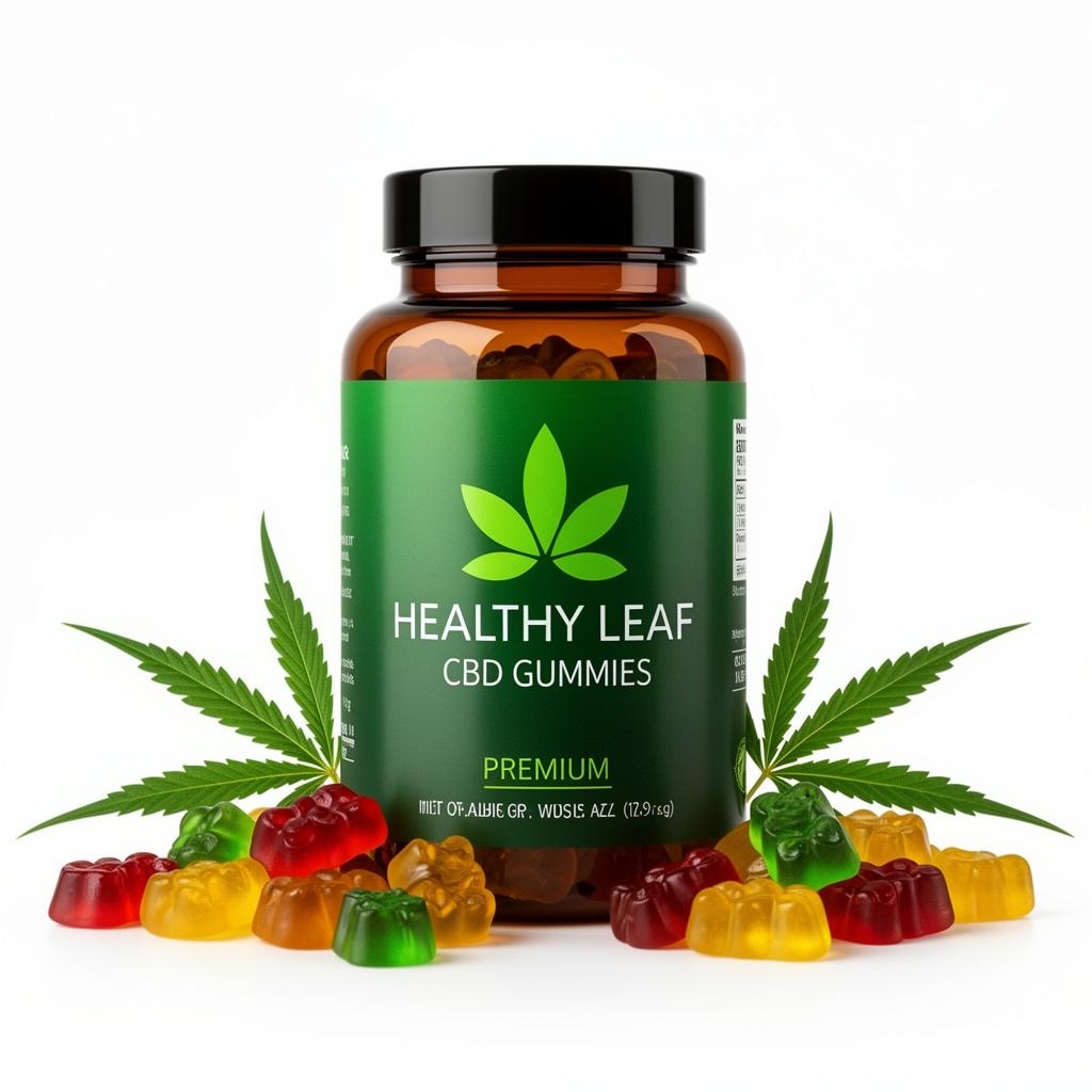 Healthy Leaf CBD Gummies bottle with gummies and hemp leaves